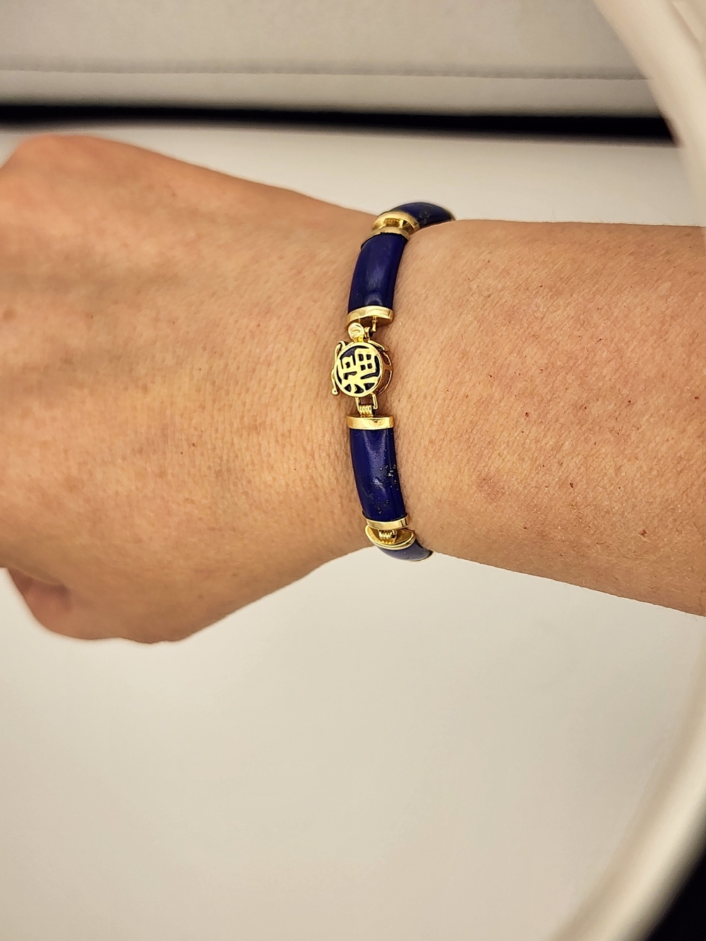 Vintage 14K Gold Lapis Lazuli Bracelet 7" Hong Kong Fu 福